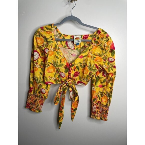 NWT Farm Rio Anthropologie Deep-V Tie-Waist Yellow Crop Top Size S Colorful - Picture 5 of 9